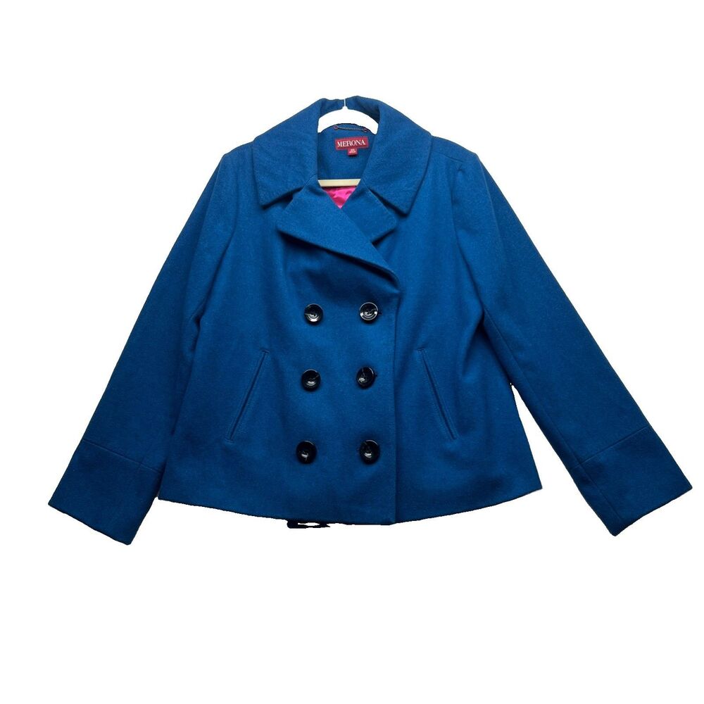 Merona Wool Blend Pea Coat Jacket Blue Women Size XXL
